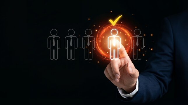Business person hand touching glowing hologram icon representing human resource recruitment talent acquisition employee selection management assessment and leadership success evaluation