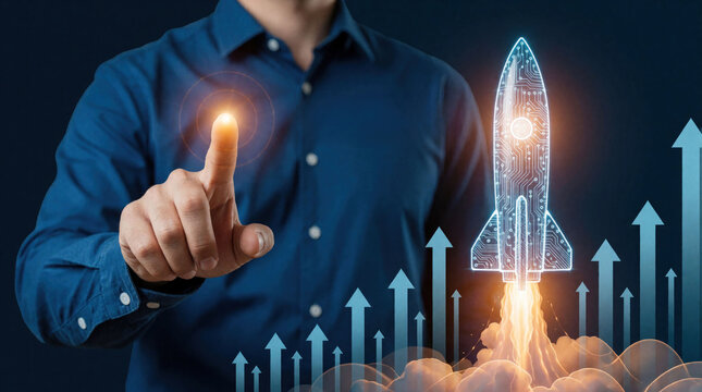 Man in blue shirt touches futuristic rocket launch graphic. Upward arrows signify business growth and progress. Technology drives future success.