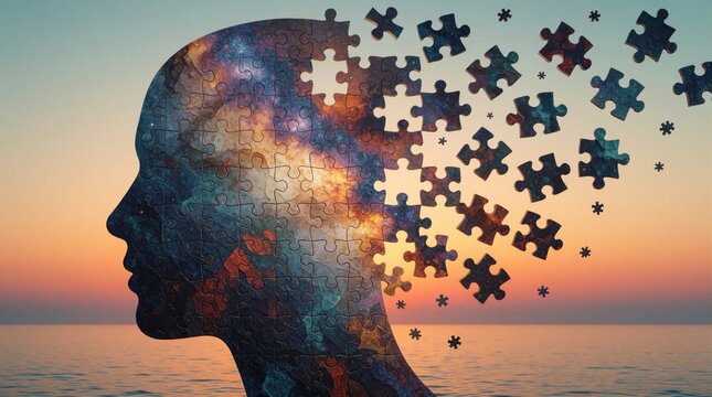 Human head profile made of puzzle pieces shows cosmic nebula inside. Abstract mind dissolves into space. Concept of mental health psychology transformation, personal growth. Awareness, self discovery
