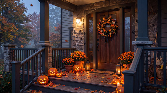 Inviting Halloween Porch with Pumpkins, Lanterns, and Autumn Flowers