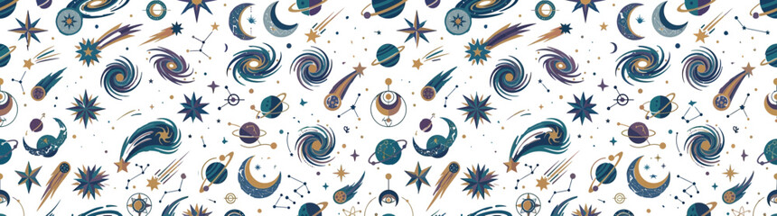 Whimsical Space Galaxy Planets Comets Stars Pattern © rara