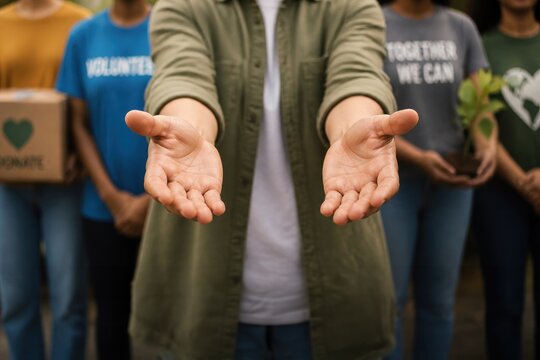 leadership development nonprofits volunteer concept. Open hands extended forward with volunteers standing in the background.