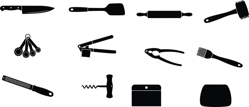 Black silhouette vector set of kitchen utensils and cooking tools for culinary design