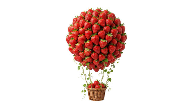 A strawberry hot air balloon with a berry-filled basket on png background