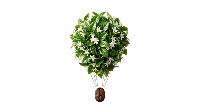 Floating coffee bean air balloon with lush foliage isolated on png background cut