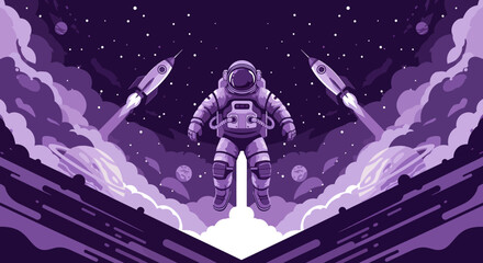 Fototapeta premium Astronaut Launching Among Stars and Rockets in Space