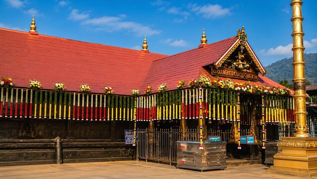 Sacred Entrance of Sabarimala Ayyappa Temple with Golden Steps and Traditional Kerala Temple Architecture