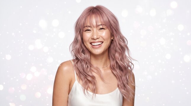 Smiling East Asian Woman with Long Ash Pink Hair and Glowing Skin