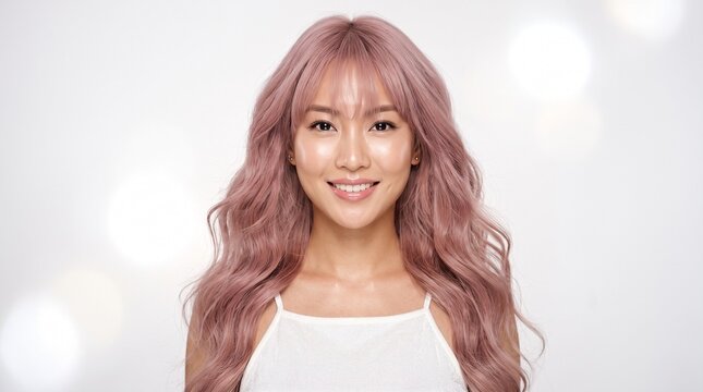 Front Portrait of East Asian Woman with Long Ash Pink Hair and Glass Skin