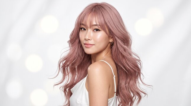 East Asian Woman with Long Layered Ash Pink Hair and Glass Skin