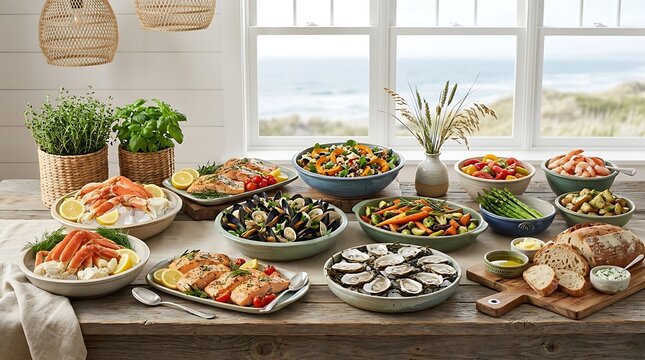 Large delicious spread of fresh healthy food dishes served on a rustic wooden table in bright kitchen. coastal buffet setup