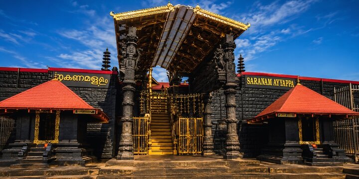 Sacred Entrance of Sabarimala Ayyappa Temple with Golden Steps and Traditional Kerala Temple Architecture