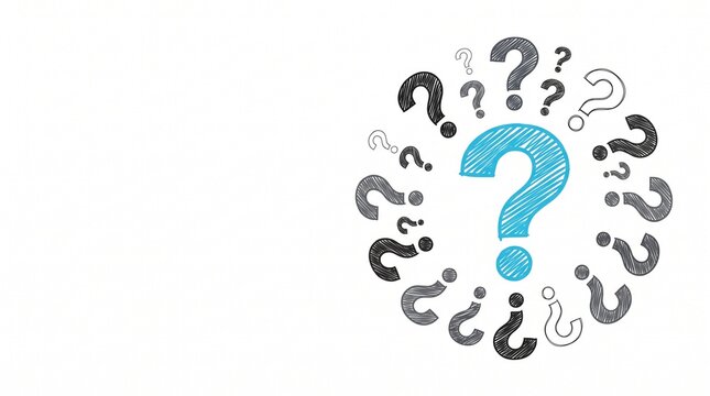 Concept of doubts and questions with sketches of question marks on a white background