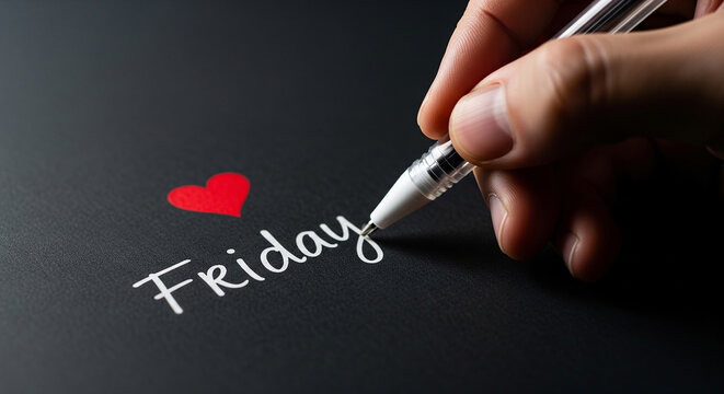 Hand writing Friday message with a small red heart perfect for relaxing weekend celebration and happy lifestyle concept
