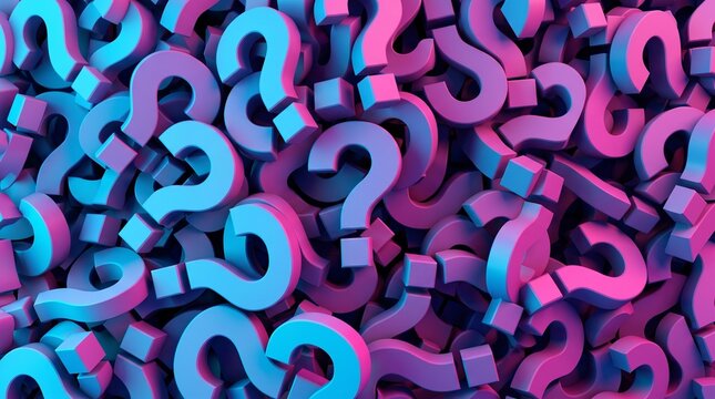 Abstract 3D Render of Scattered Question Marks Background with Neon Blue and Pink Lighting