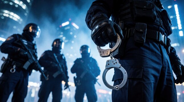 Special police unit ready for arrest. Officers in tactical gear hold weapons and handcuffs outside in city at night. Law enforcement mission.