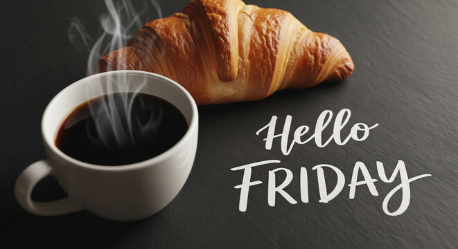 Hot coffee cup and fresh croissant with hello friday text perfect for relaxing weekend breakfast and happy morning concept