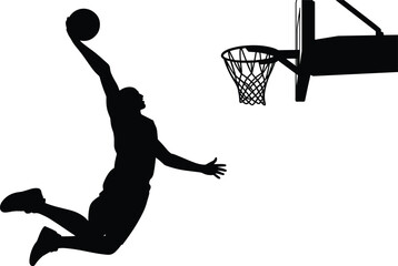 A powerful male basketball player silhouette performing an impressive slam dunk into the hoop © MdSumon