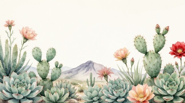 Watercolor painting of desert landscape with cacti, blooming succulents. Green plants grow near mountains under pale sky. Nature border illustration features colorful flowers, arid vegetation.