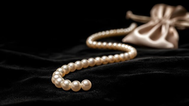 Elegant Pearl Necklace on Black Velvet Fabric with Jewelry Pouch
