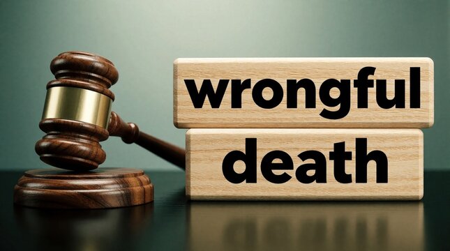 Gavel and wooden blocks with text wrongful death on reflective surface. Symbolizes legal proceedings and justice in a courtroom setting. Represents civil lawsuits and accountability for death.