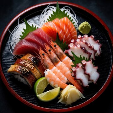 Sashimi set on round black plate with raw salmon tuna eel octopus, fresh prawn. Japanese gourmet meal served with wasabi ginger daikon lemon slice. Top view of healthy seafood platter on dark wood
