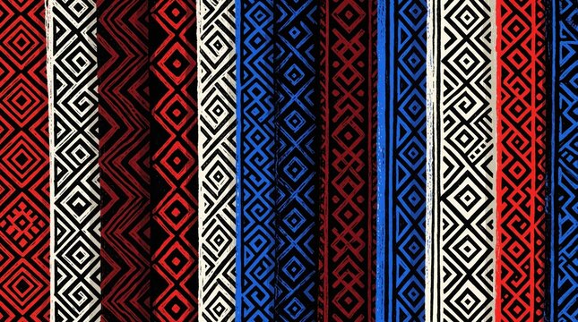 Collection of vertical stripes with geometric patterns. Diverse tribal motifs in black red and blue tones. Textured abstract graphic design for print.