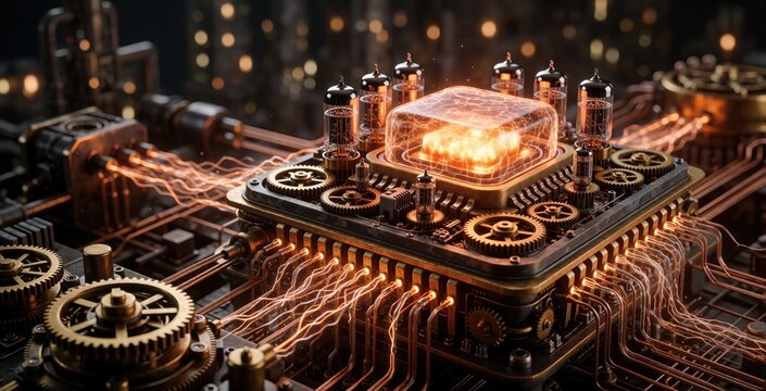 Steampunk electronic circuit board features glowing vacuum tubes, mechanical gears. Gold processor chip transmits energy pulses across copper wires. Artificial intelligence hardware design connects