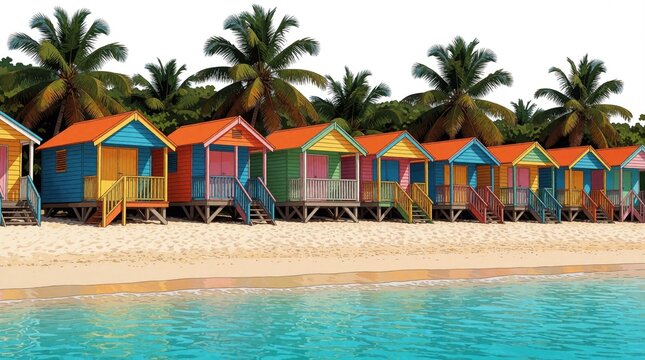 Colorful beach huts line a sandy shore with palm trees behind. Brightly painted wooden cabins rest on stilts above beach sand. Gentle ocean waves lap the coast near tropical island resort.