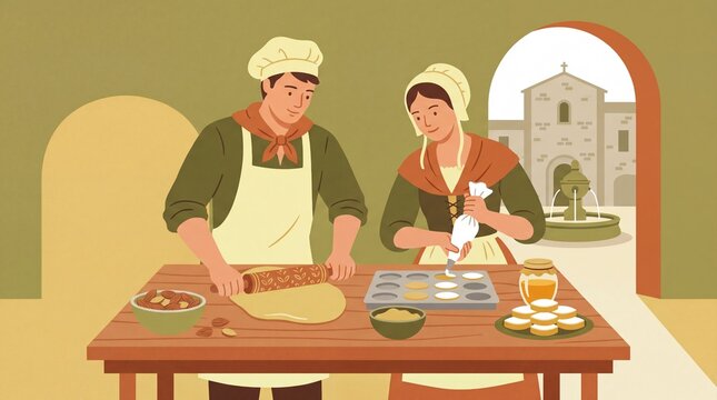 Couple baking traditional calisson candy in a rustic kitchen for culinary delight