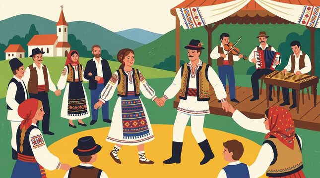 couple dancing traditional Romanian hora in outdoor festival celebration