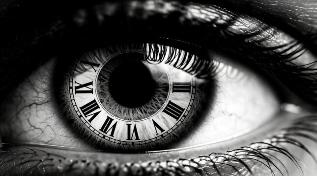 Surreal black, white macro shot of human eye with roman numeral clock face overlay. Concept of time passing watching clock through sight. Vision meets time in symbolic artistic concept of aging