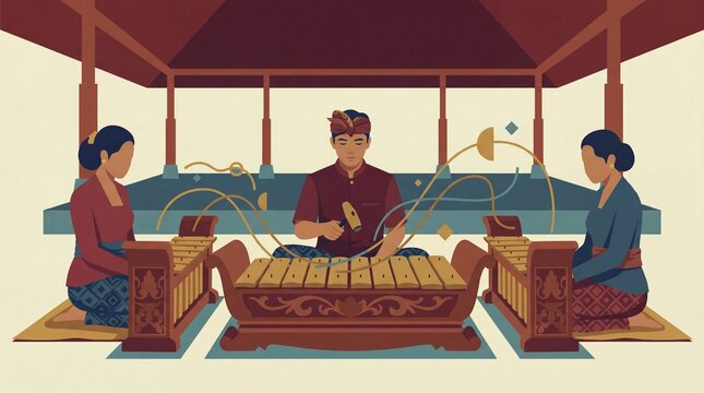 man playing traditional balinese gamelan music with two musicians in cultural performance