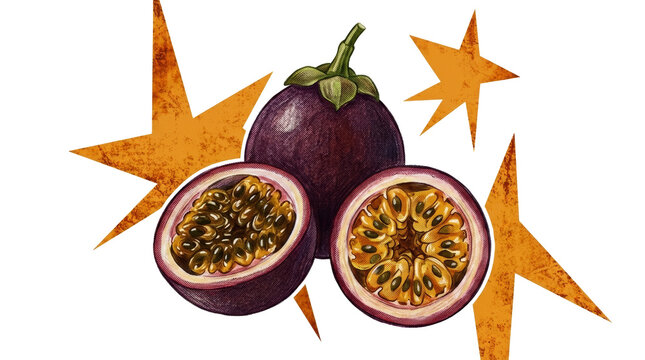 Fresh passion fruit halves with dark skin and leaves on png background image