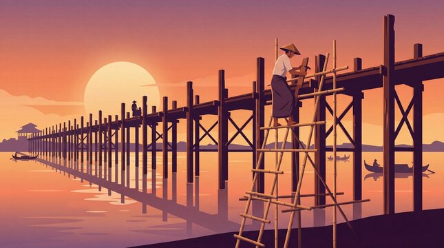 Man painting on a ladder at U Bein Bridge during sunset in Myanmar