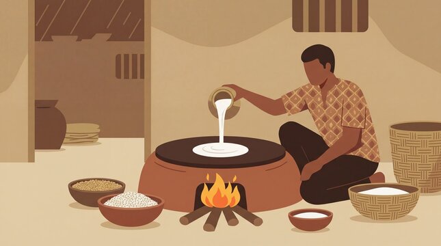 Man preparing traditional injera teff bread in rustic kitchen for cultural cuisine