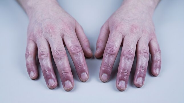 Top view of human hands with Raynaud's phenomenon showing purple discolored fingers