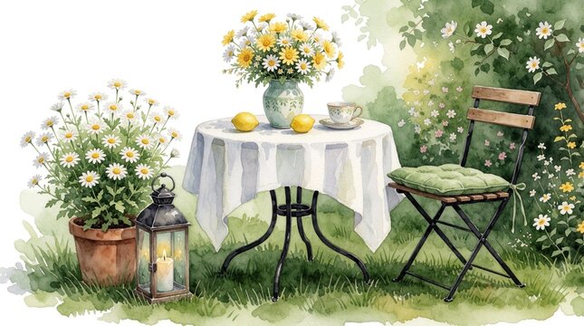 Watercolor garden scene features table with daisy bouquet lemons, tea cup. Chair, candle lantern rest on green grass surrounded by blooming plants, rich foliage creating peaceful outdoor ambiance.