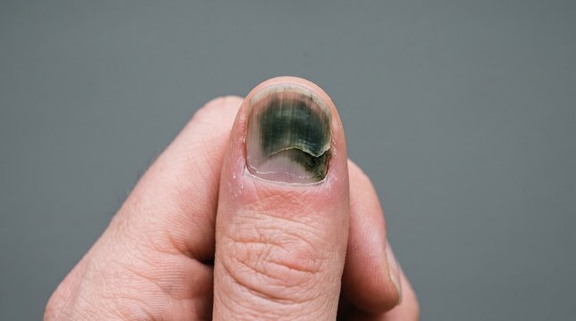 Close-up of thumbnail with severe green nail syndrome Pseudomonas infection