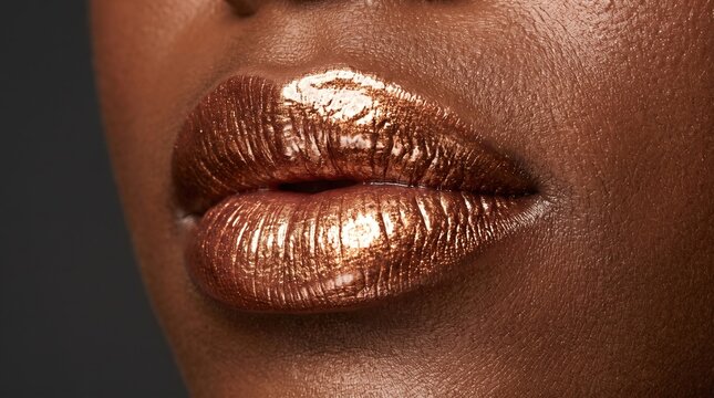 Macro shot of dark skin female lips with metallic bronze lipstick