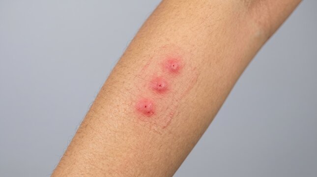 Close-up of arm skin showing three inflamed red bug bites in a line