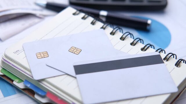 Close-up cinematic motion of credit cards with microchips resting on spiral notebook with pen, calculator, and financial charts on desk
