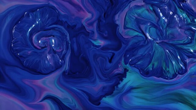Abstract blue and purple fluid art acrylic paint swirl pattern texture background with glossy wet liquid movement and marble effect