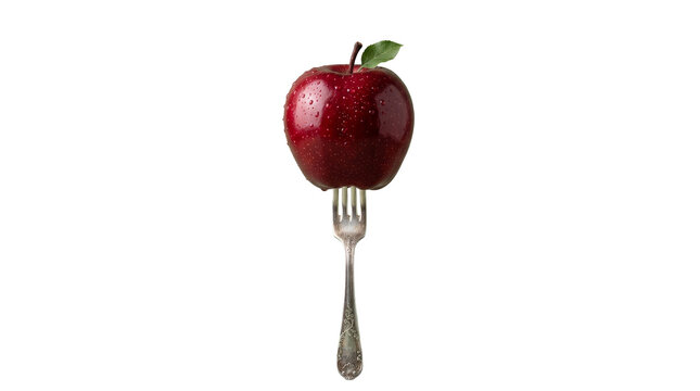 Red apple with green leaf balanced on antique silver fork on png background art