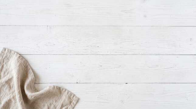 White wooden table background with beige linen napkin mockup