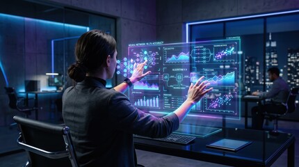 Fototapeta premium Woman analyzing holographic data interface with neural network, AI algorithm visualization in modern tech office at night, futuristic business analytics dashboard