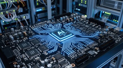 Fototapeta premium Close up view of artificial intelligence neural core processor chip on high tech computer motherboard with glowing blue circuits, representing future computing power and deep