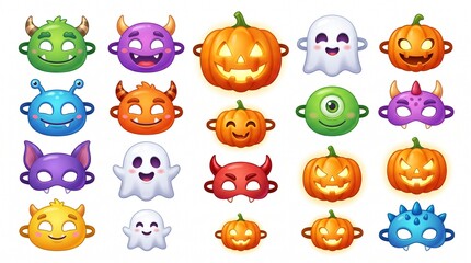 Obraz premium Halloween monster masks and glowing pumpkin faces isolated on a white background for creative holiday party costume graphic elements.