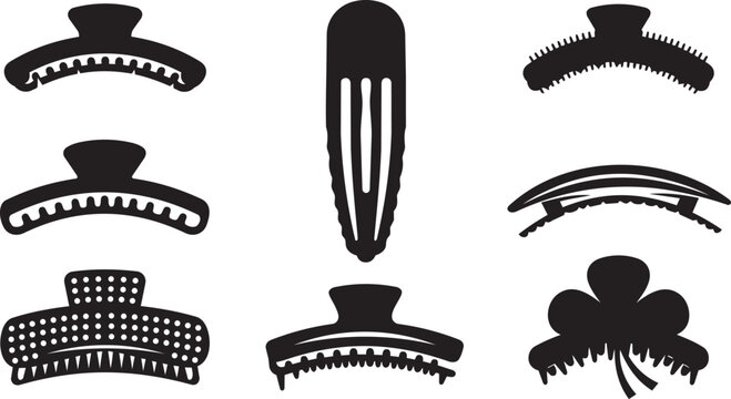 Assorted black hair clips and barrettes arranged in a grid on a white background