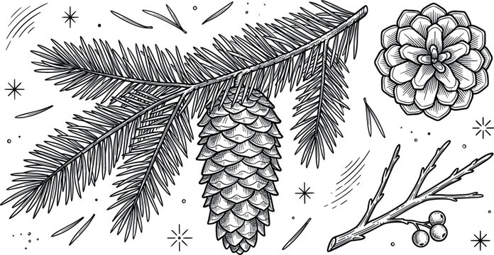 Vintage Pine Cone and Fir Tree Branch Botanical Illustration Set with Hand Drawn Coniferous Elements for Christmas Winter and Forest Theme Designs